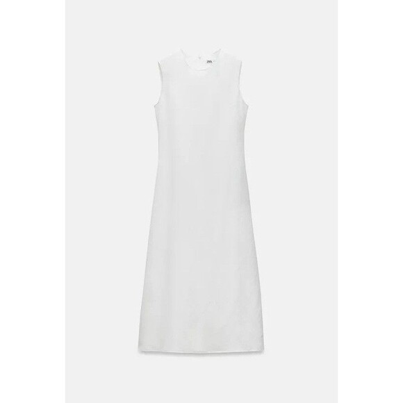 ZARA WOMEN LINEN BLEND MIDI DRESS ZW COLLECTION OYSTER WHITE LARGE 8135/100 - Picture 1 of 16